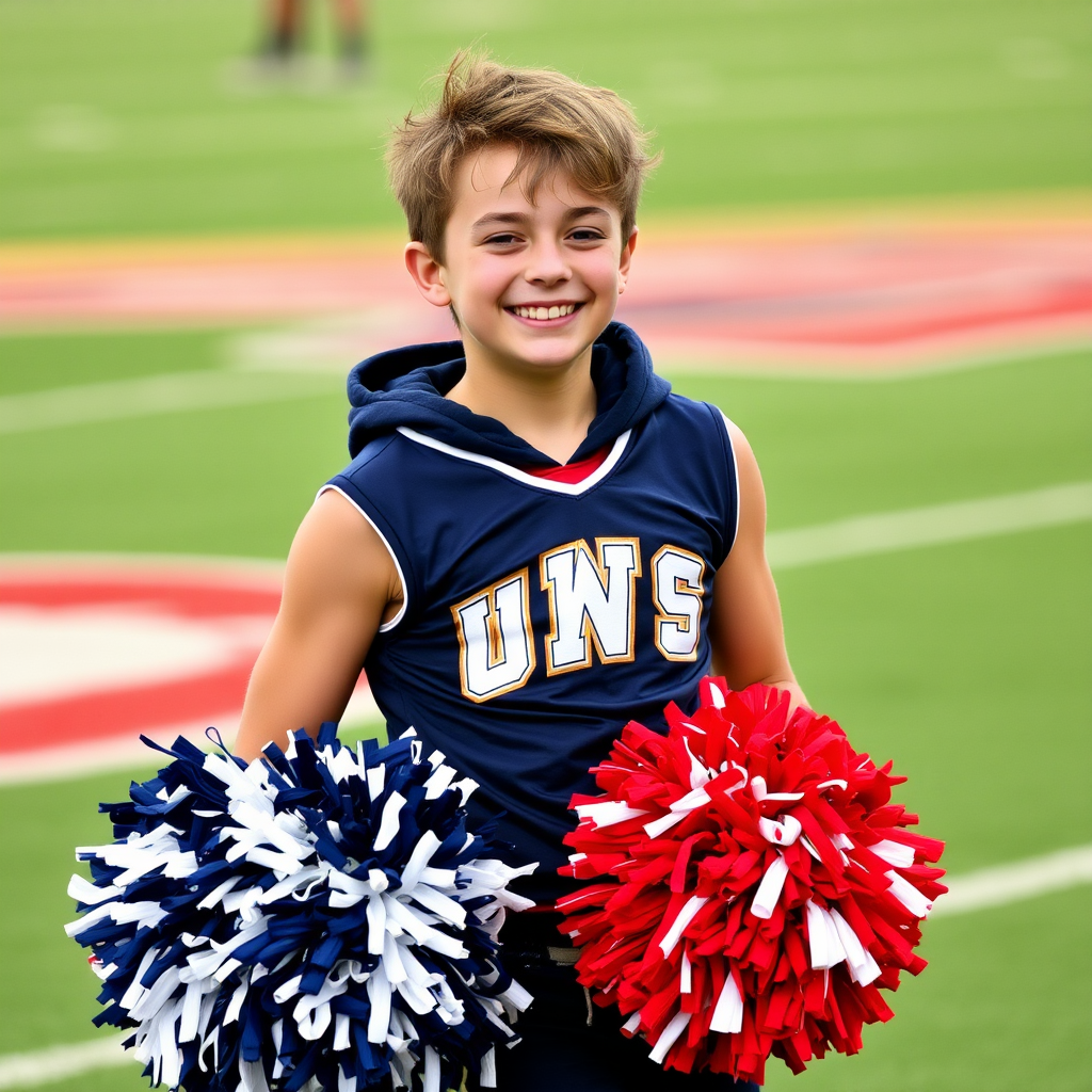 A Cheerleader Boy Cheers Happily at Game.