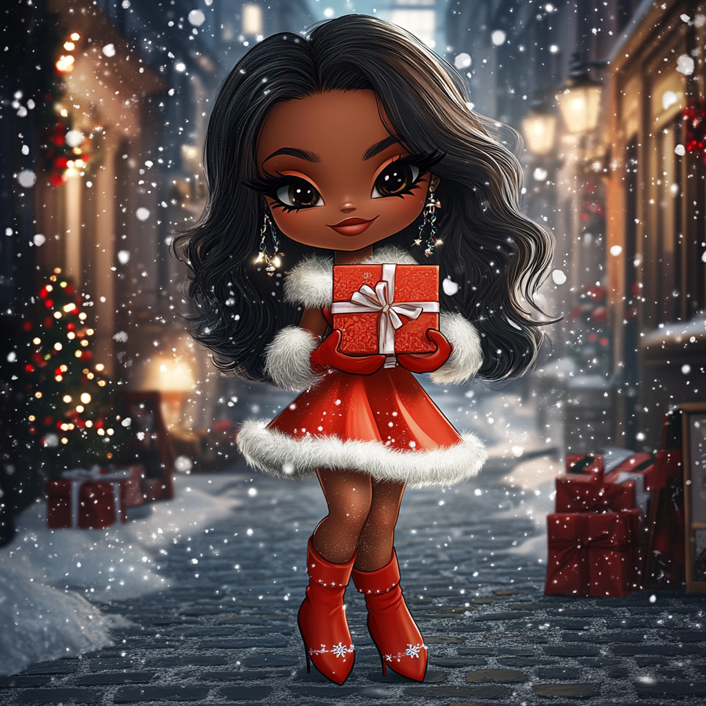 A Chibi Style Woman with a Christmas Gift