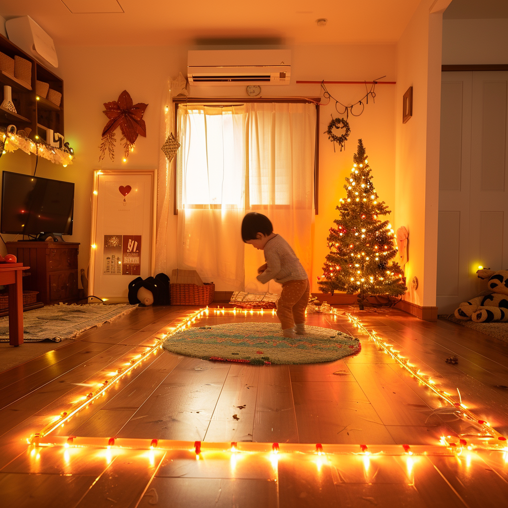 A Child Playing in Warm New Year Room