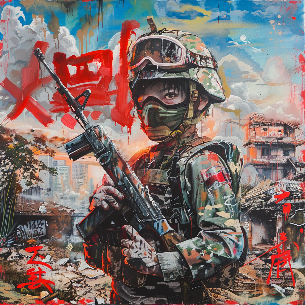 A Child Soldier in Samurai Mask in Ruined City