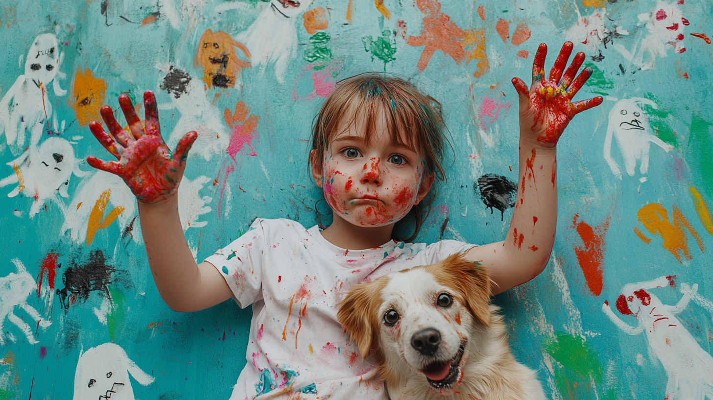 A Child and Dog in Messy Finger Paint