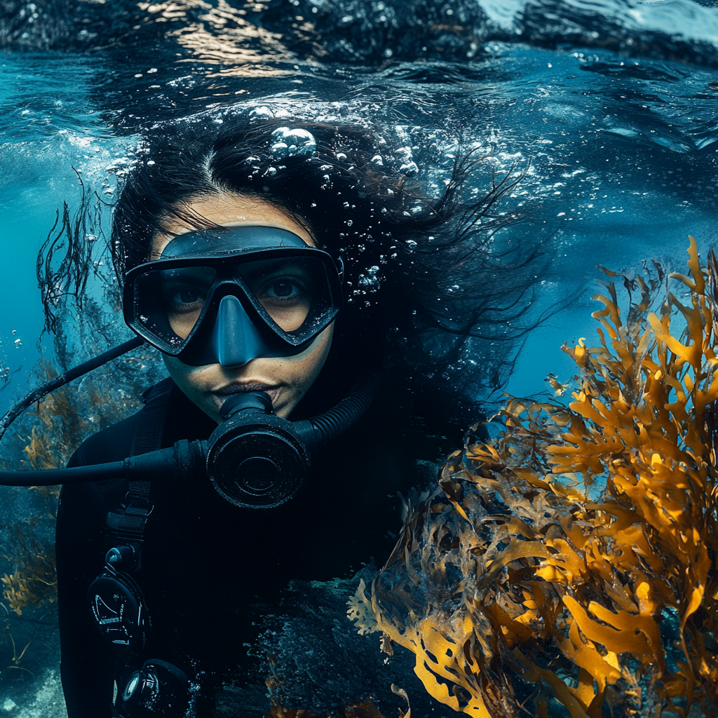 A Chilean woman models cold water diving wetsuit.