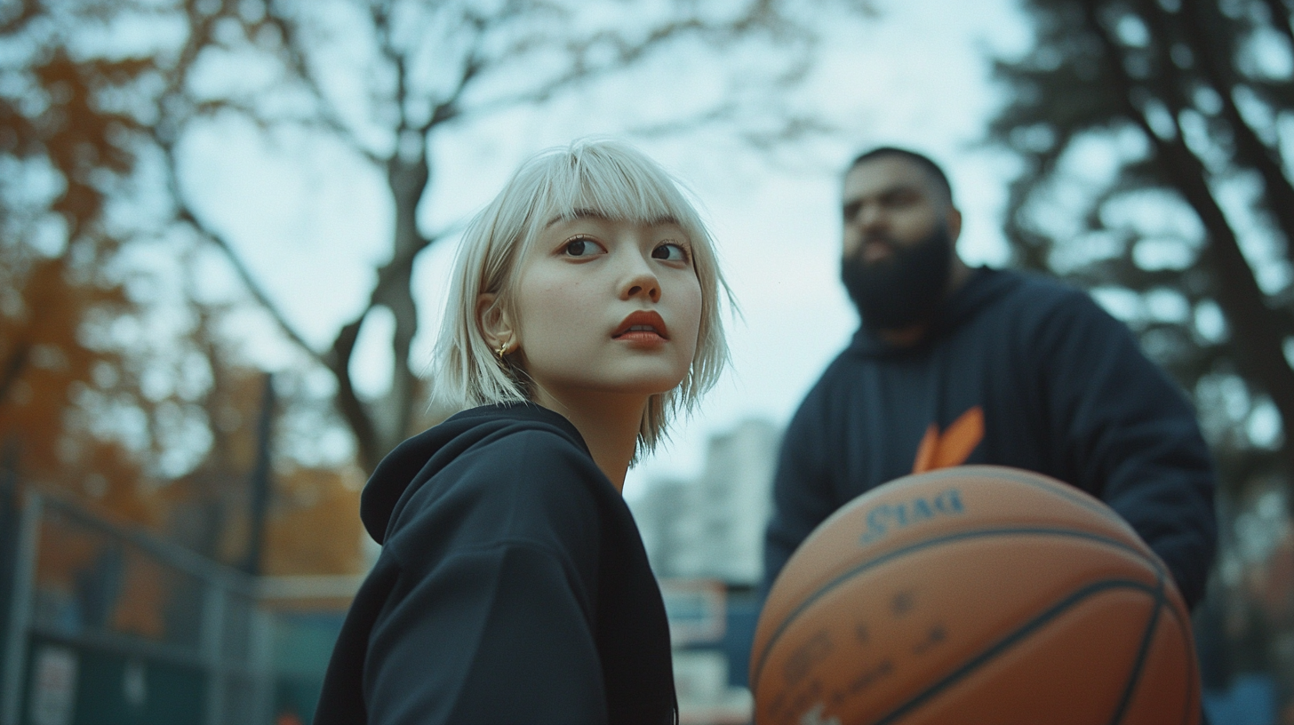 A Chinese Girl Plays Basketball Outdoors