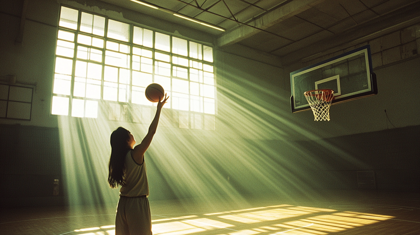 A Chinese Woman Shooting a Basketball Indoors