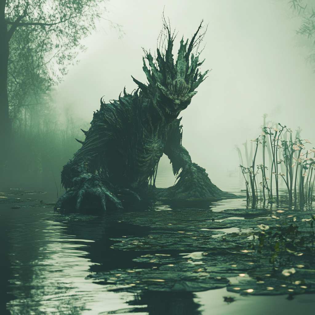 A Chinese demon in a misty green pond.