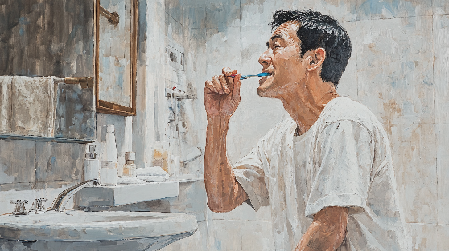 A Chinese man brushing teeth in bathroom.