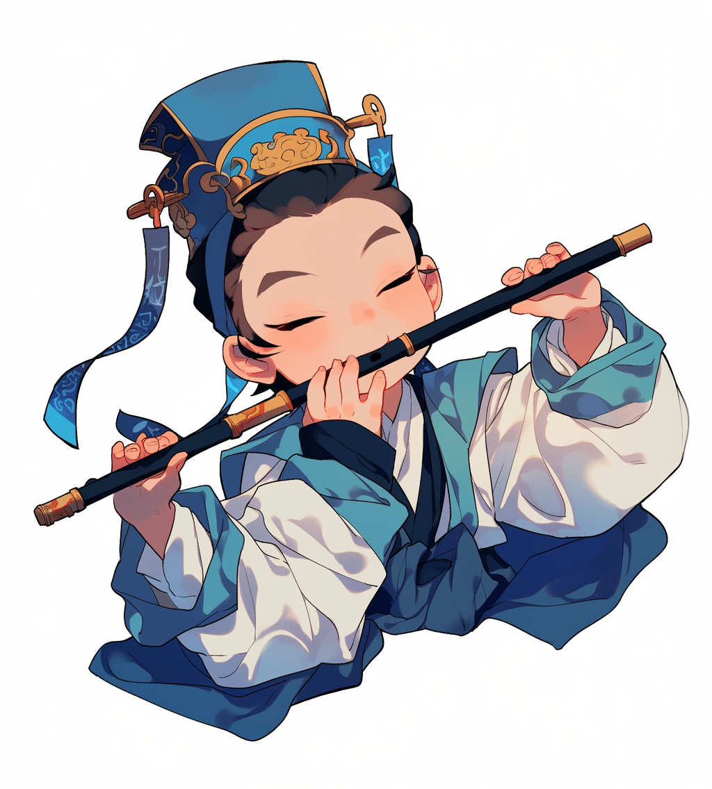 A Chinese man in Hanfu playing flute.