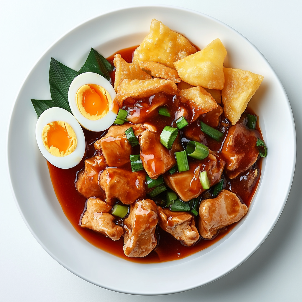 A Chinese plate with chicken, pork, egg, and wontons