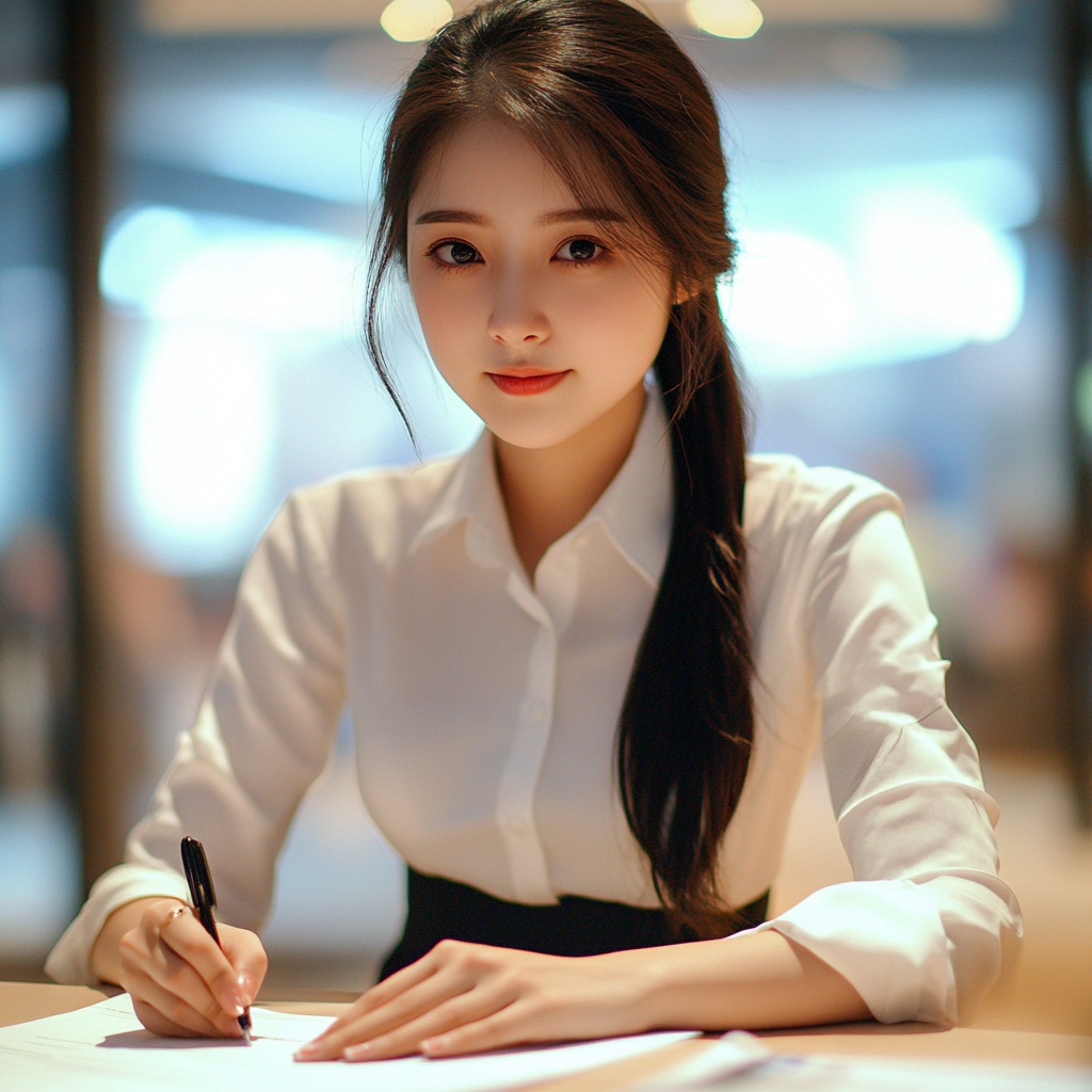 A Chinese sales specialist signing a contract