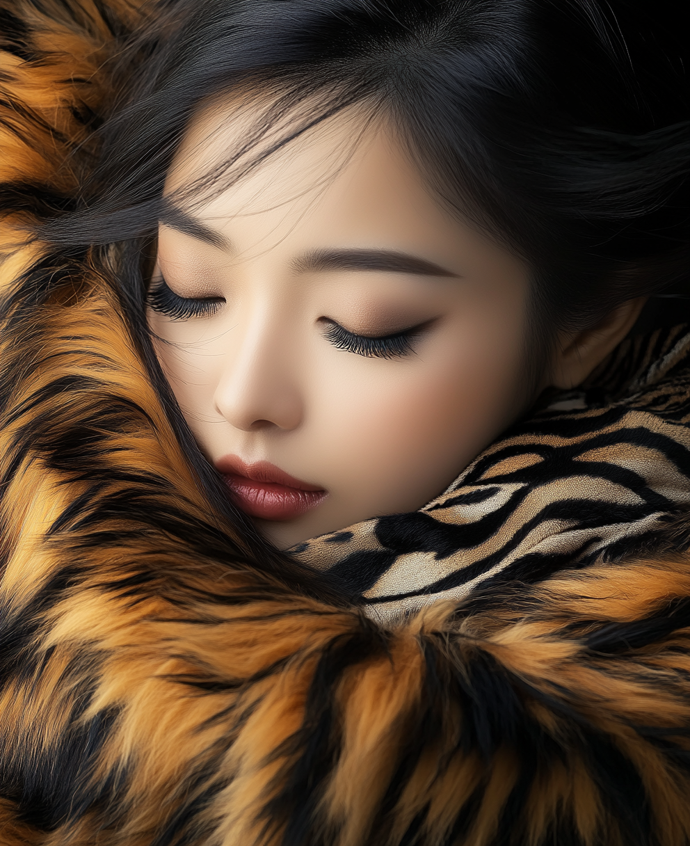 A Chinese woman in tiger fur with dramatic lighting