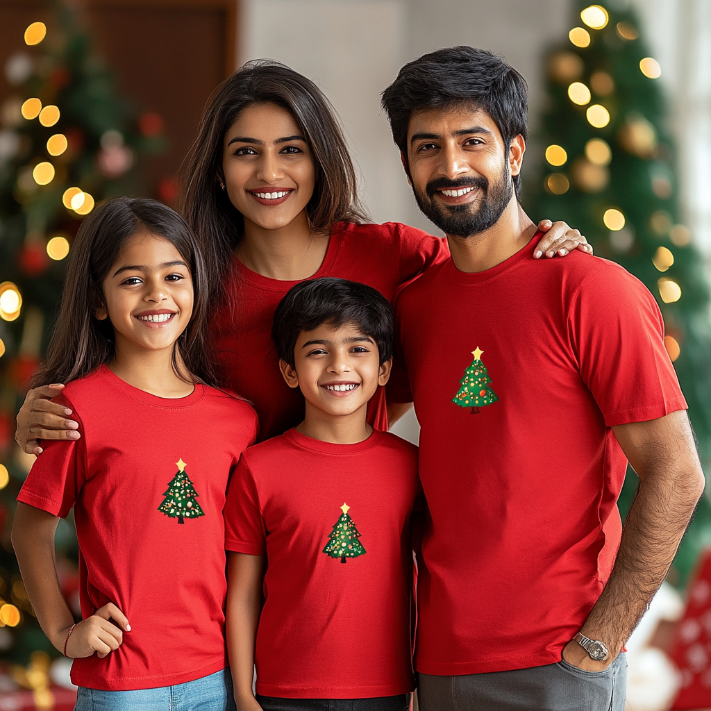 A Christmas Indian family of four in red shirts.