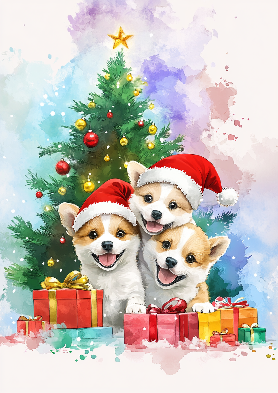 A Christmas card with cute puppies in Santa hats