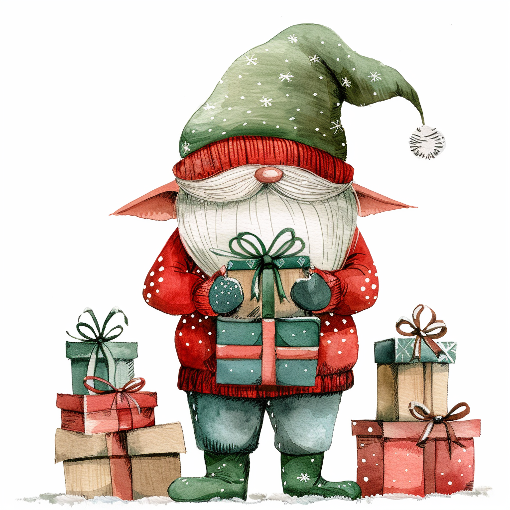 A Christmas gnome in red sweater holds presents