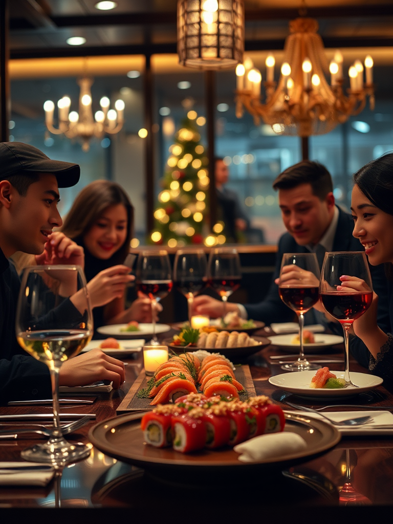 A Christmas party with fancy sushi dinner setting