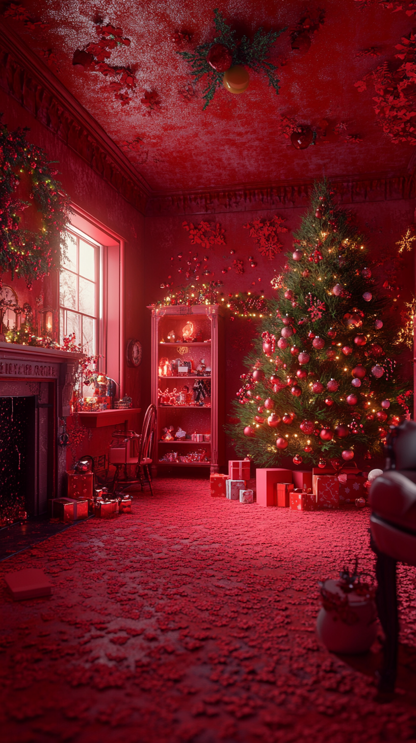 A Christmas room with vibrant red colors.