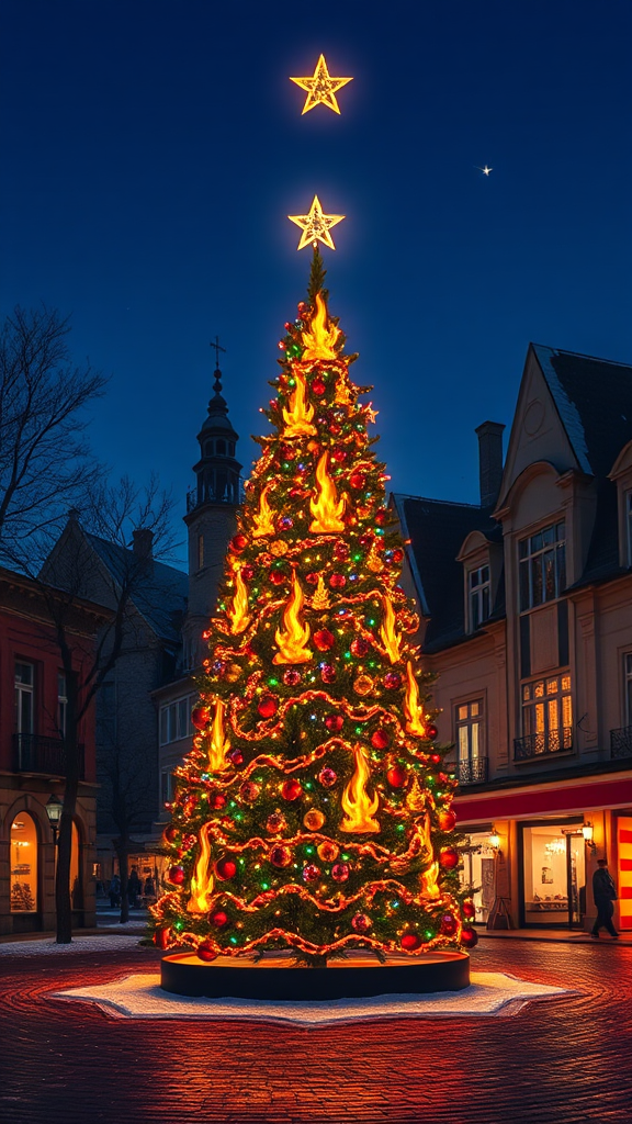 A Christmas tree on fire in town square.