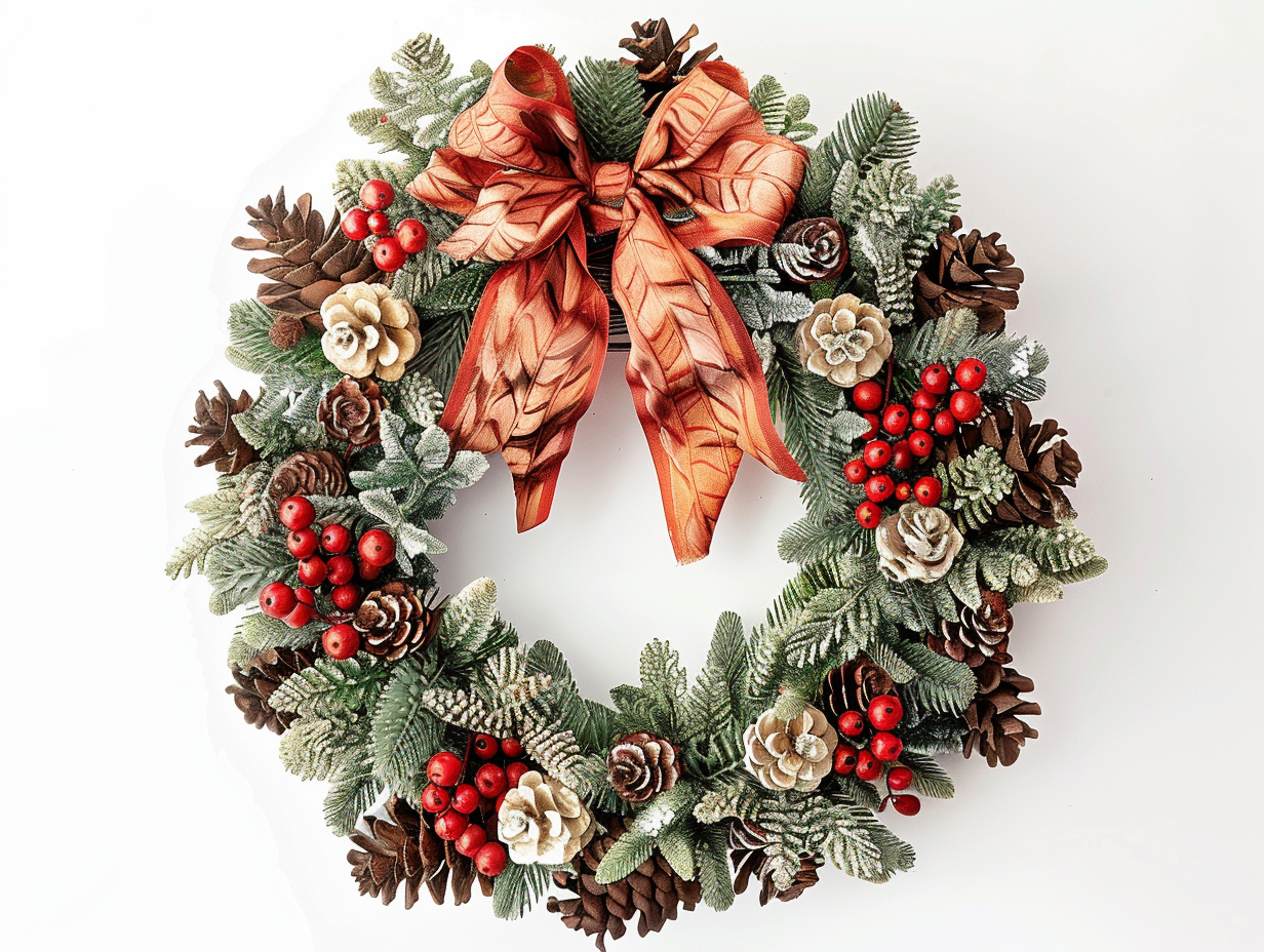 A Christmas wreath with bow, pine cones, colors.