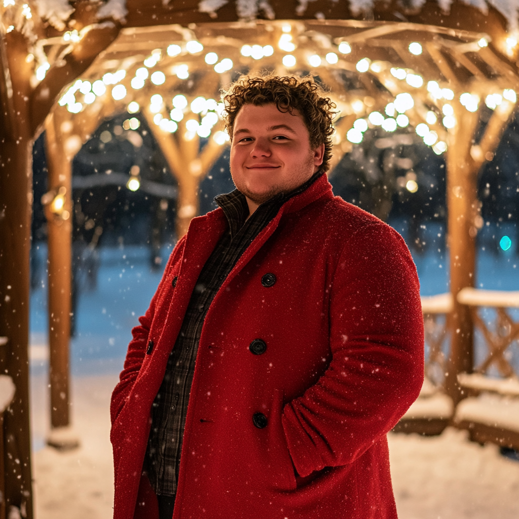 A Chubby Man in Red Peacoat in Snowy Gazebo