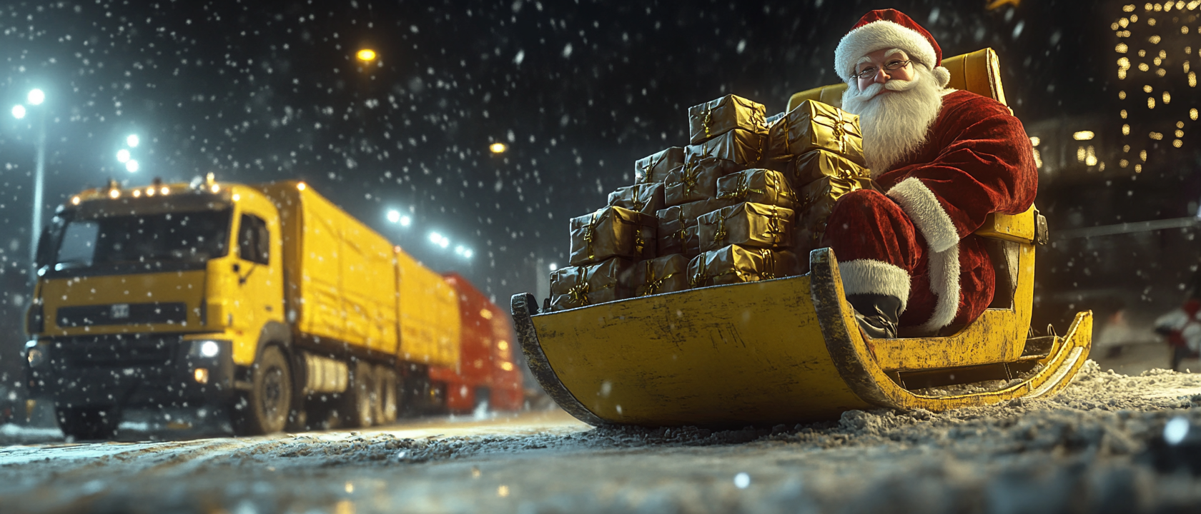 A Cinematic Santa Claus Delivering Logistics Packages