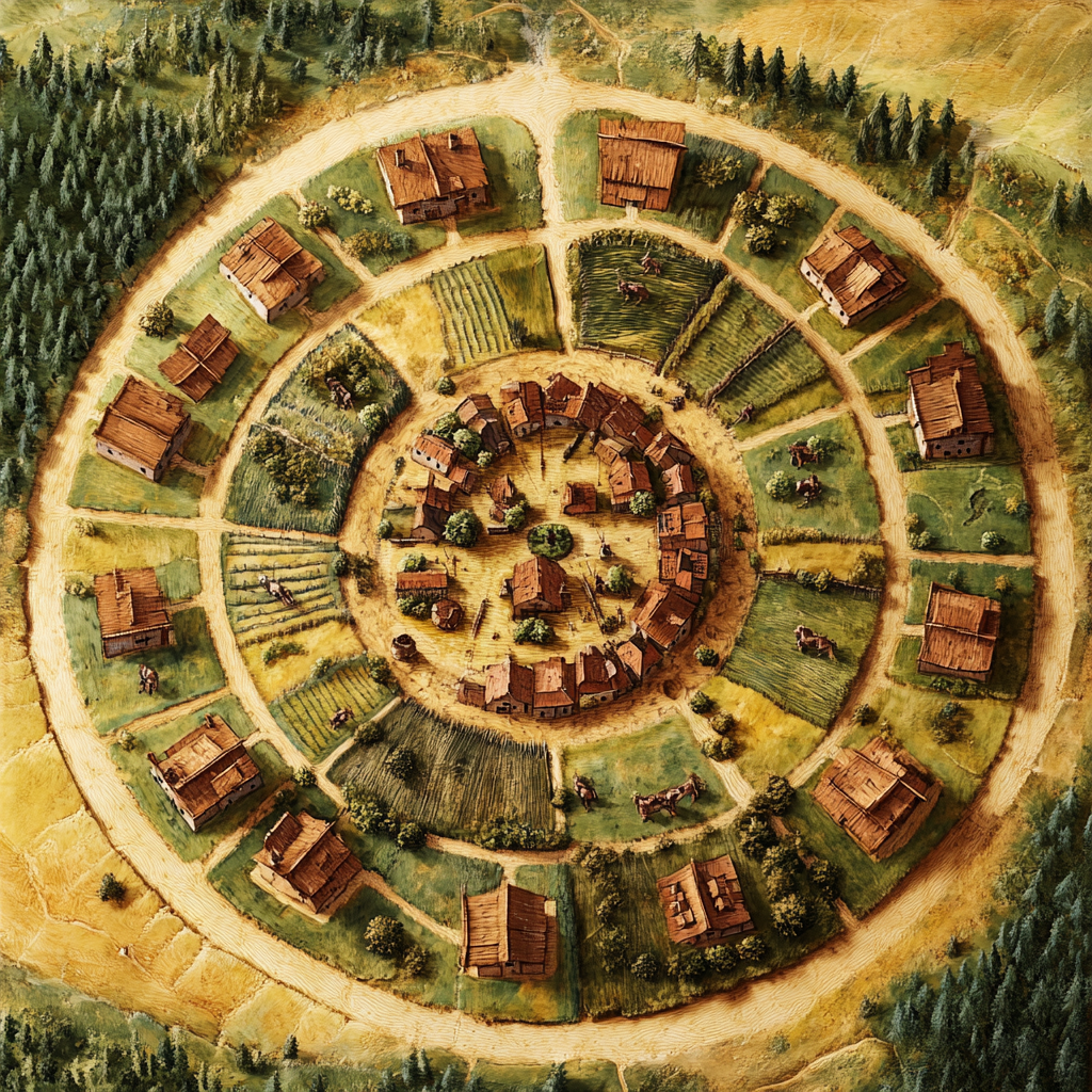 A Circular Farming Village in Dungeons and Dragons Style