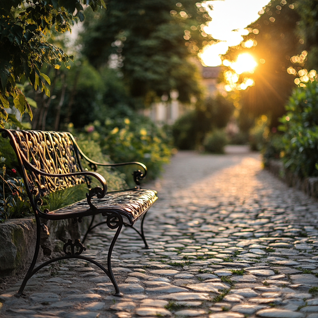 A Classic European Garden with Cobblestone Pathway