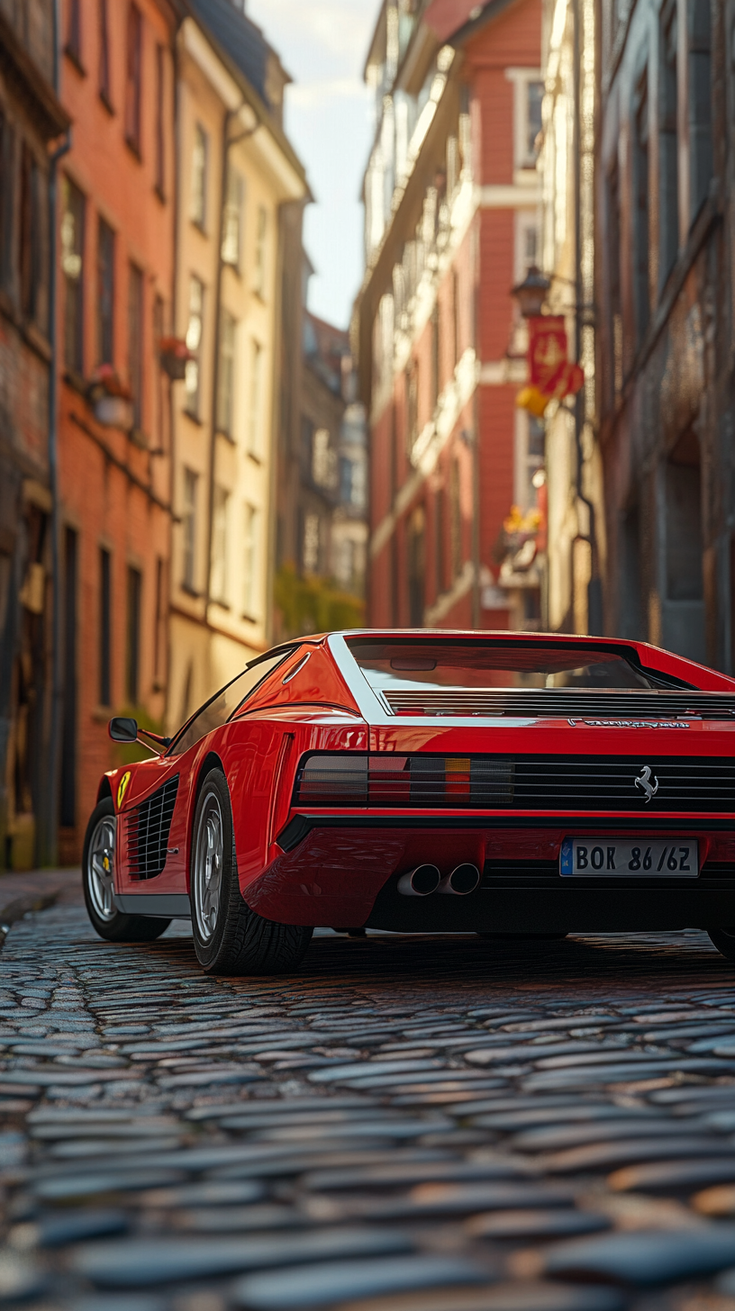 A Classic Ferrari Testarossa on Cobblestone Street