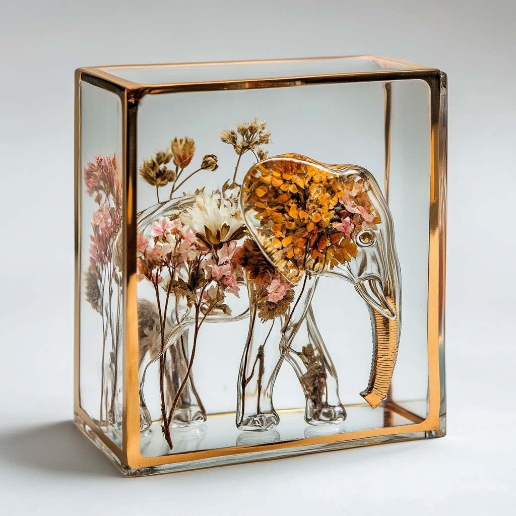 A Clear Glass Elephant with Dried Flowers