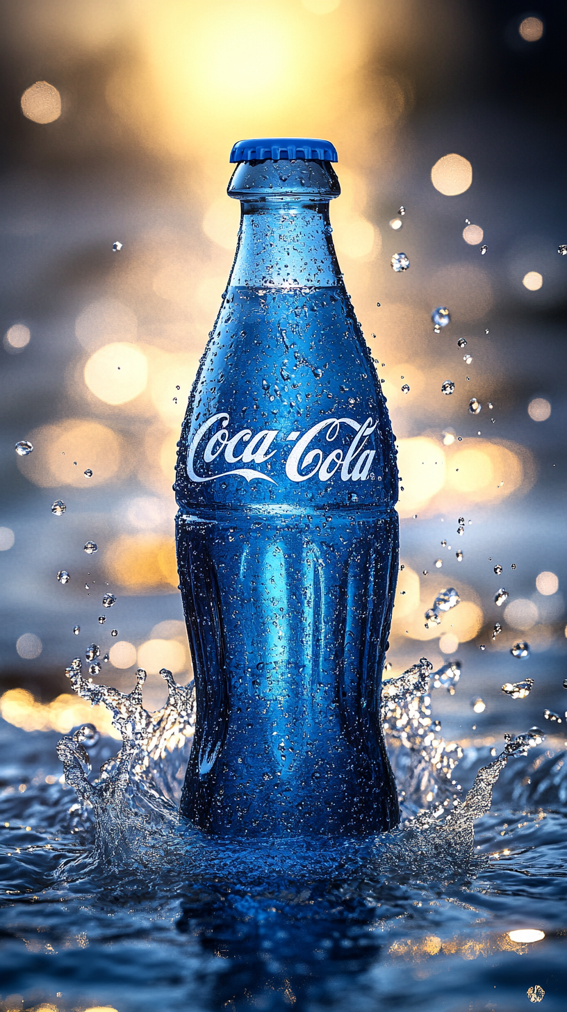 A Coca-Cola bottle with sparkling water and bubbles.