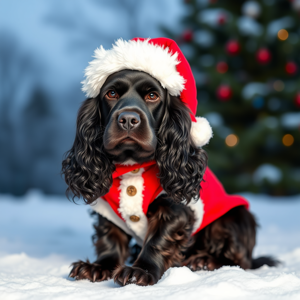 A Cocker Spaniel in a Santa Suit on Snow