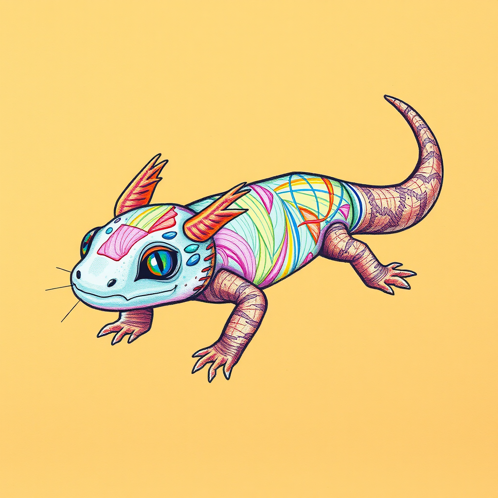 A Colorful Glitched Axolotl Drawing on Orange Canvas.