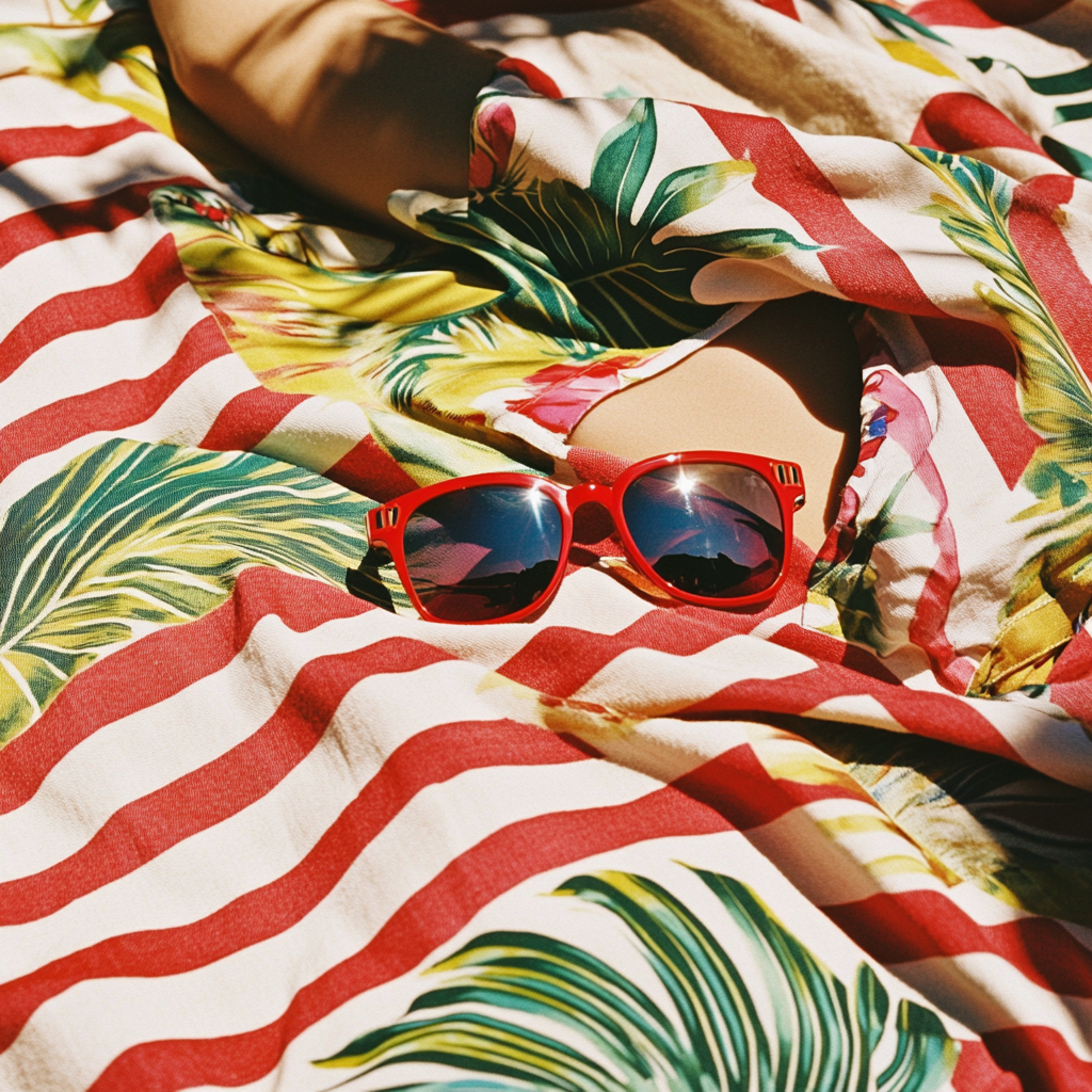 A Colorful Hawaiian Shirt Resting on Striped Blanket