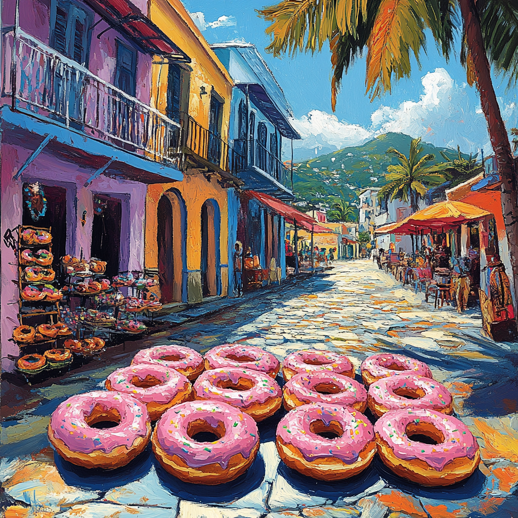 A Colorful Jamaican market with donuts and street art.