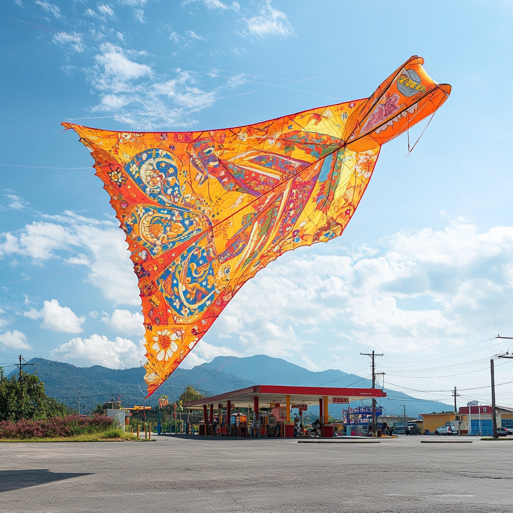 A Colorful Kite Soars Over Gas Station