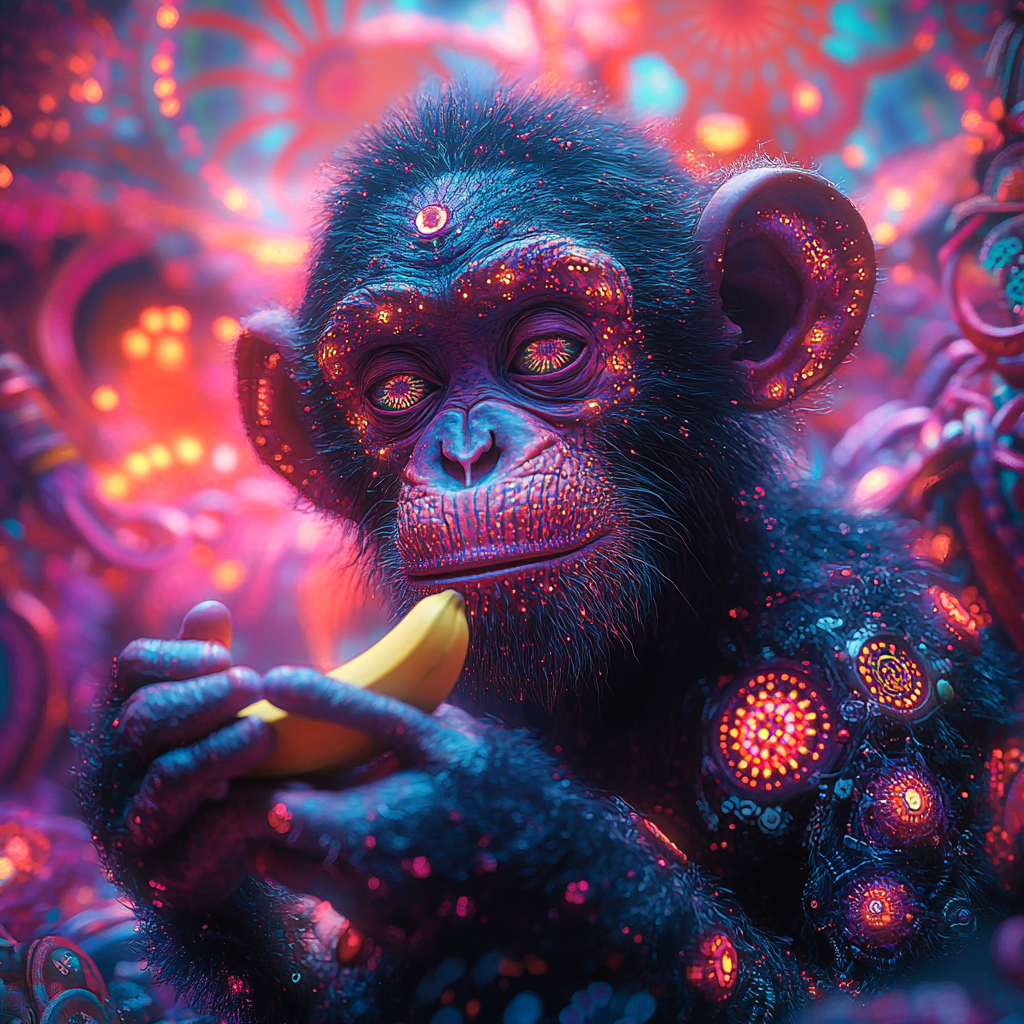 A Colorful Monkey with Banana in Surreal Setting