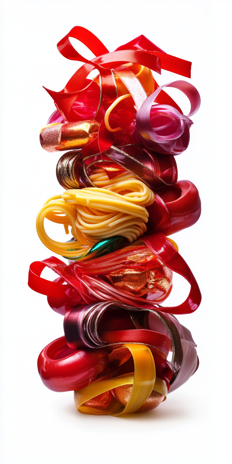 A Colorful Spaghetti Tower with Christmas Gifts