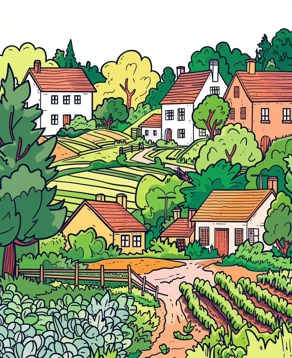 A Coloring Book Farm Illustration with Black Lines