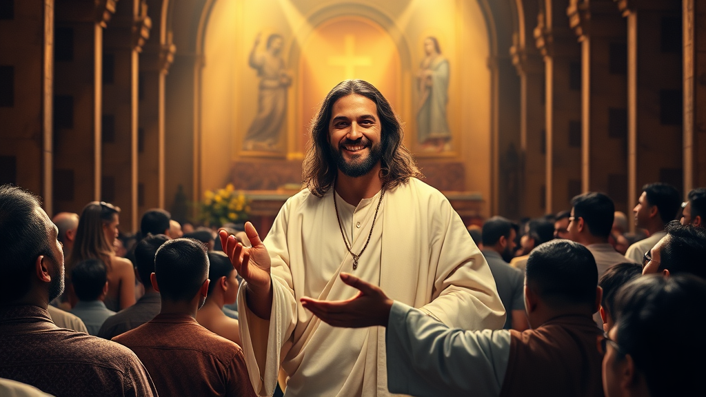 A Compassionate Jesus Christ in Chapel Blessing Crowd.