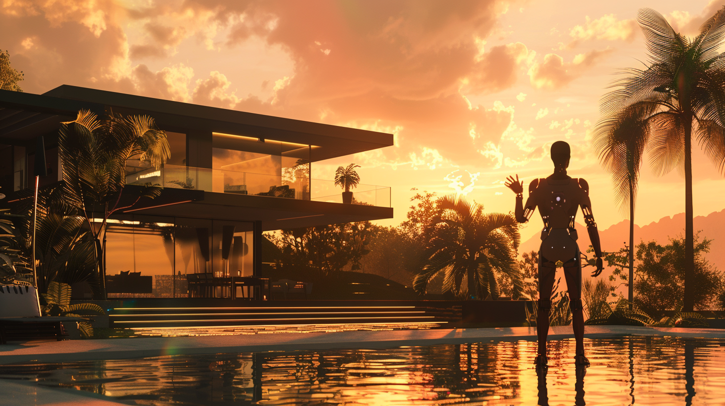 A Confident AI Bot Presenting Luxury Villa Sunset