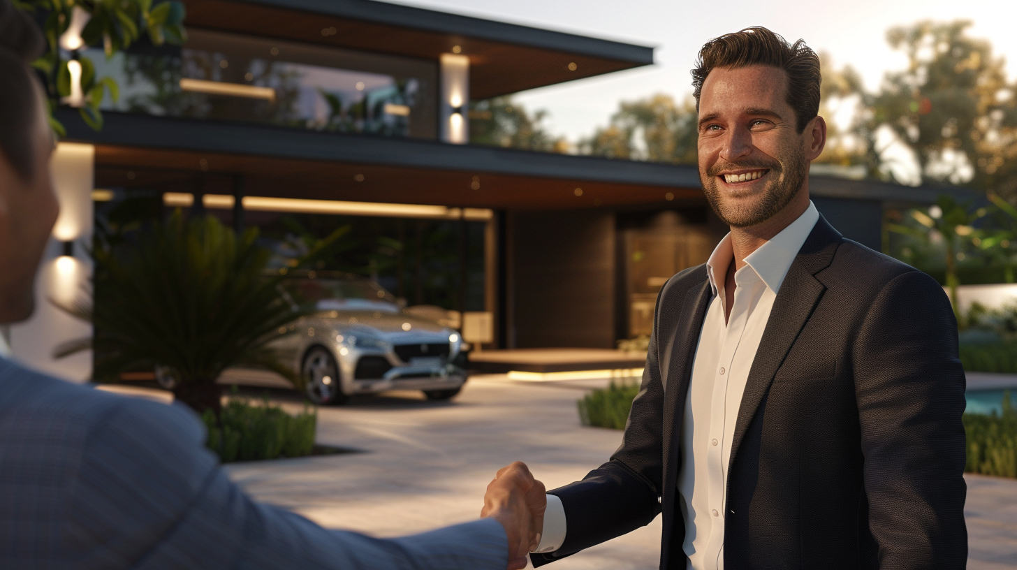 A Confident Man Shaking Hands Outside Luxury Villa