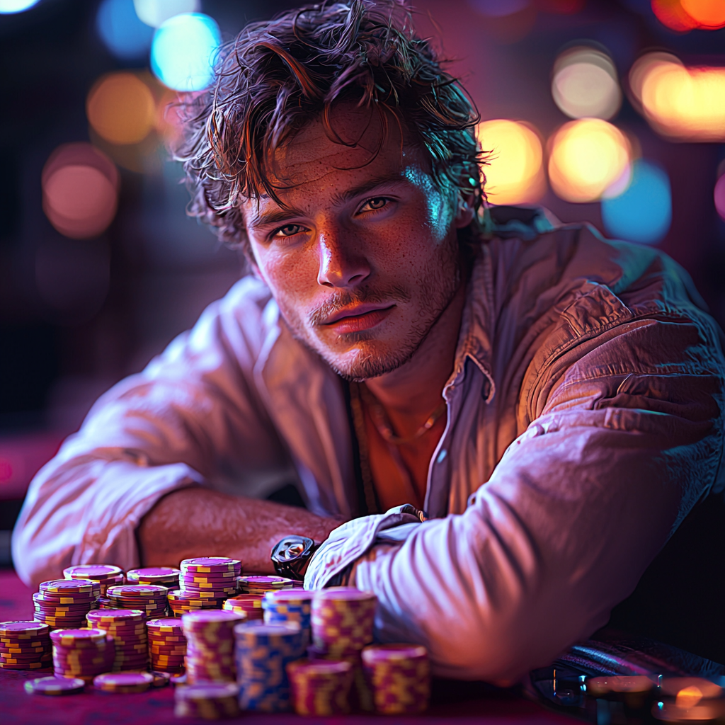 A Confident Man at Poker Table with Success Chips