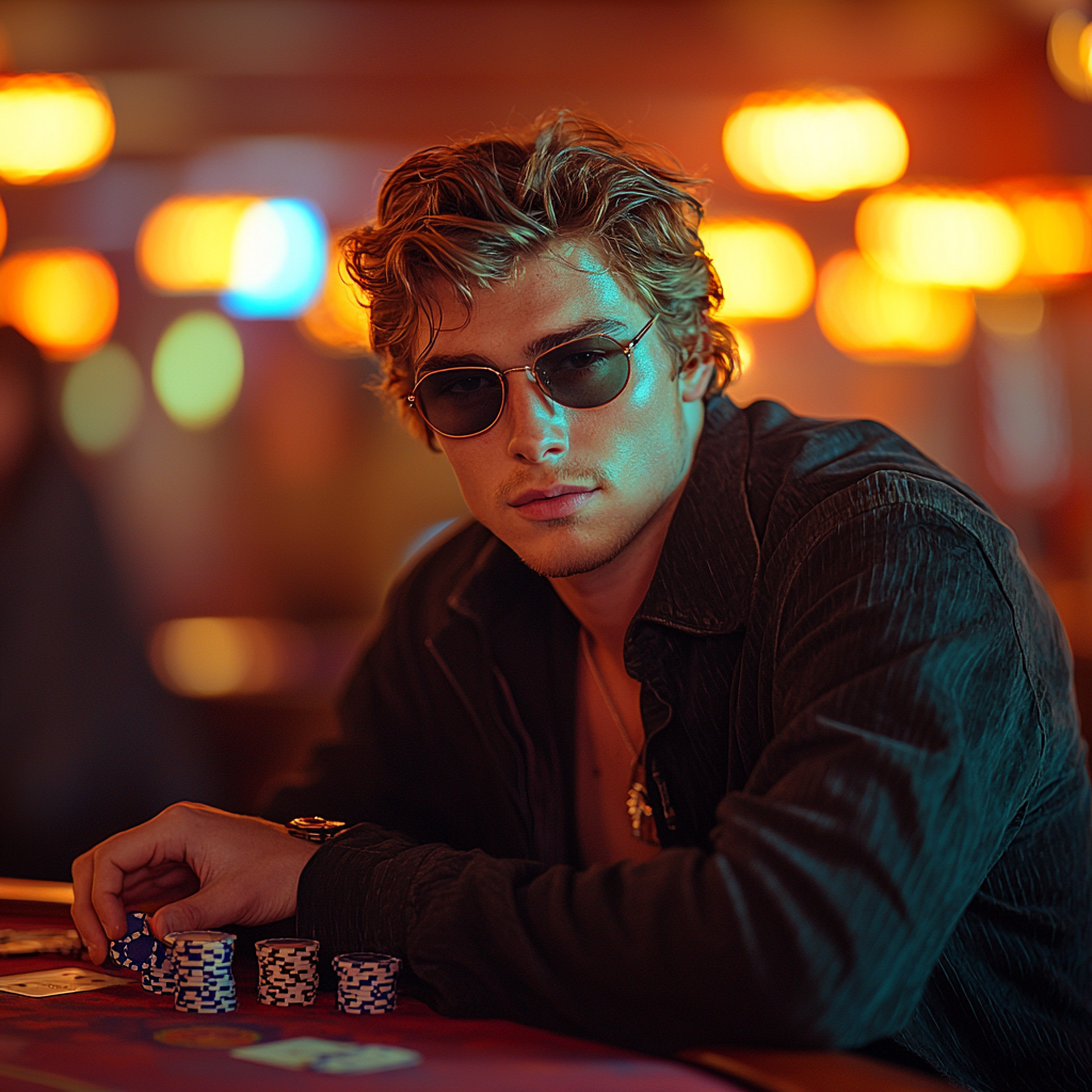 A Confident Young Man at the Poker Table.