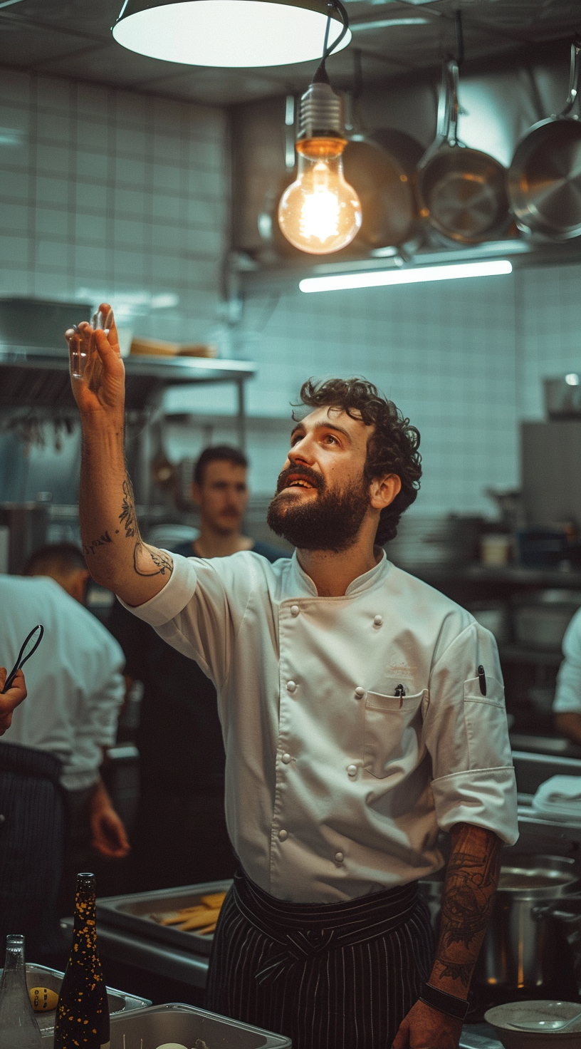 A Cook in a Clean Kitchen with Lit Lightbulb.