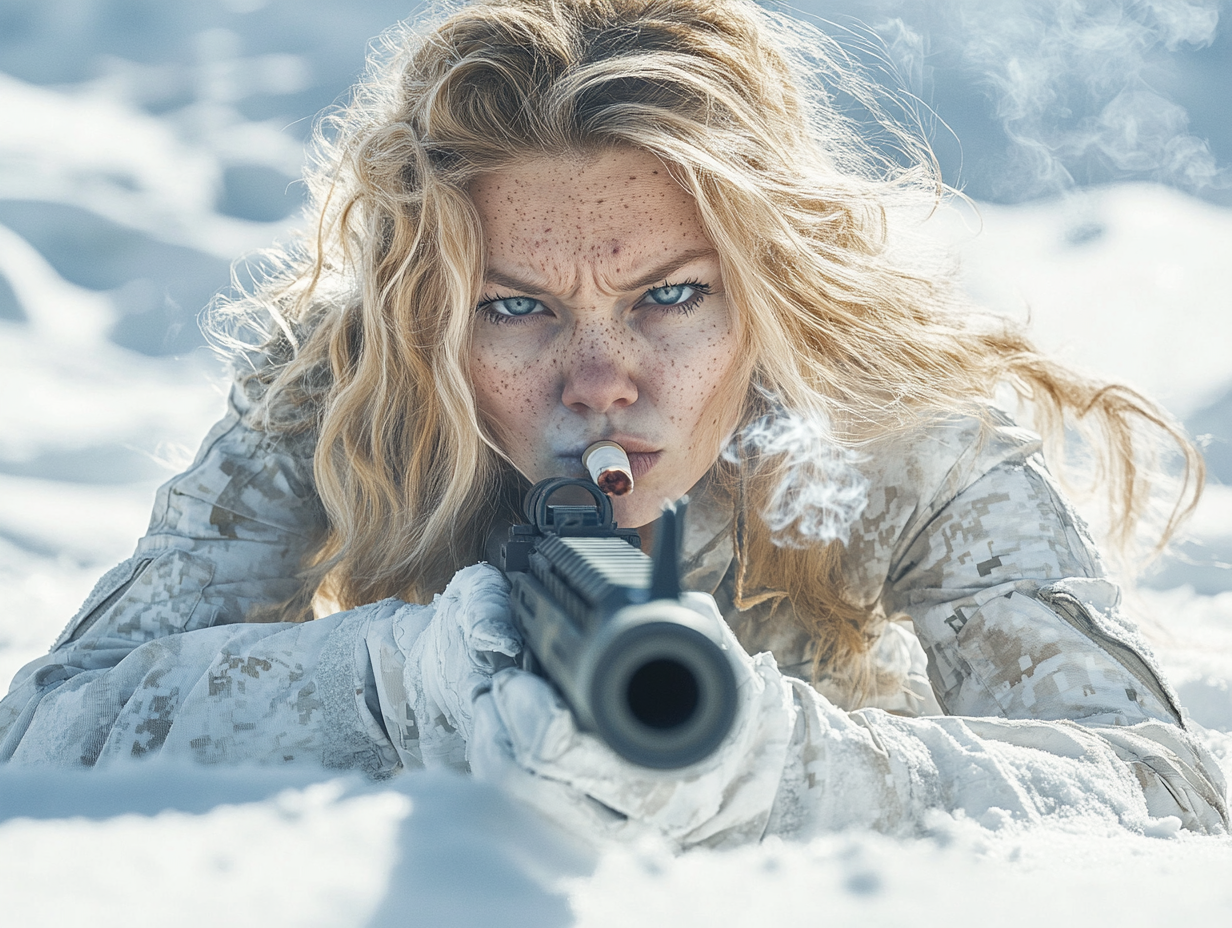 A Cool Finnish Woman Smokes and Aims Snowy Sniper