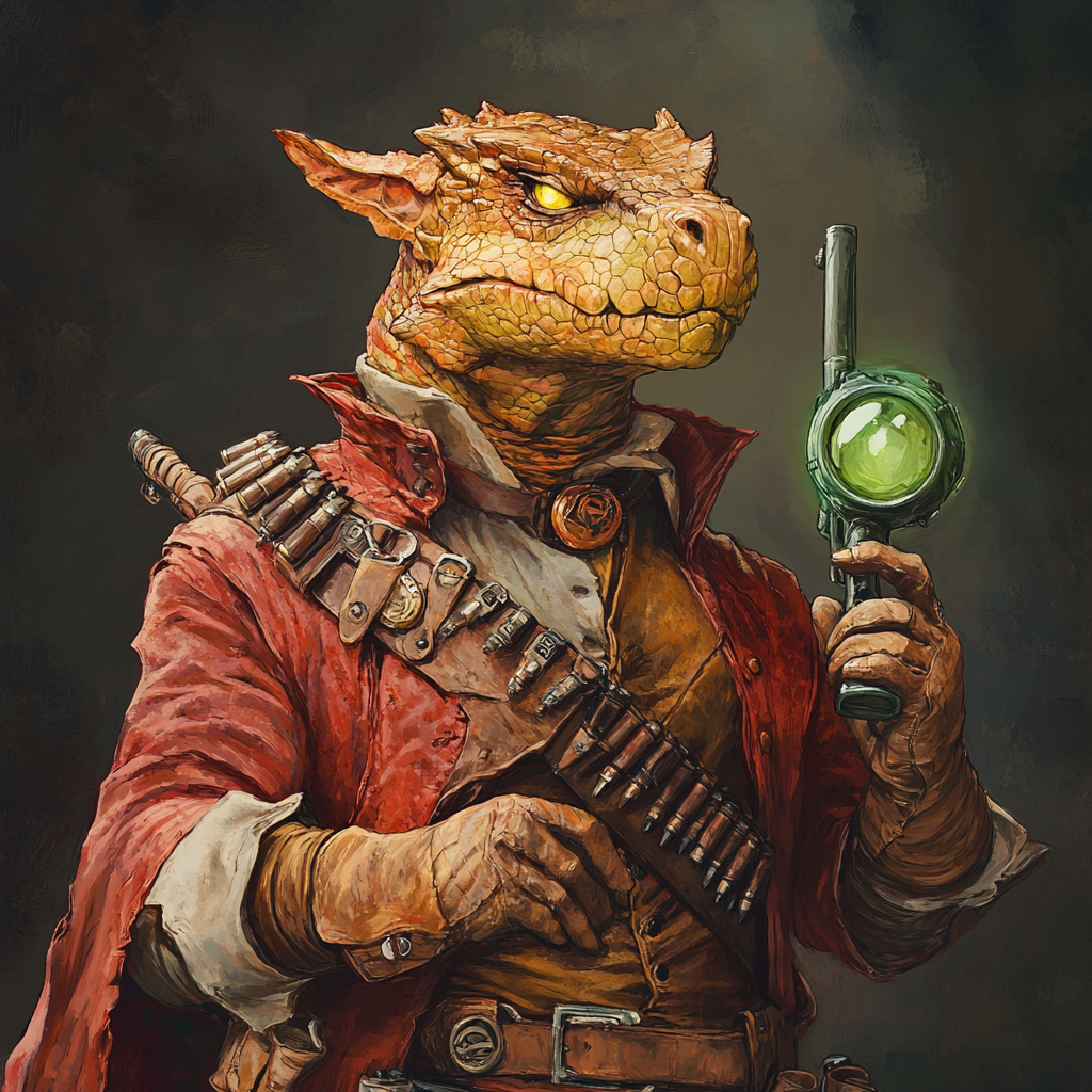 A Copper Dragonborn Gunslinger with Mechanical Eye boldy poses