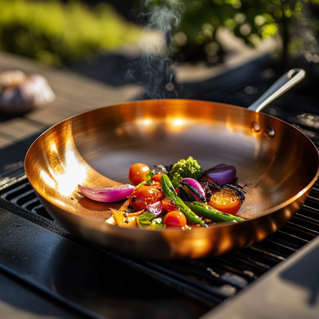 A Copper Pan Cooking Steak on Grill