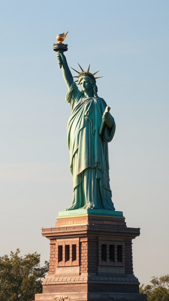 A Copper Statue of Liberty shines brightly