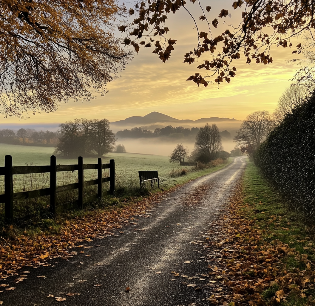 A Country Road in Autumn: Trees, Fog, Hills