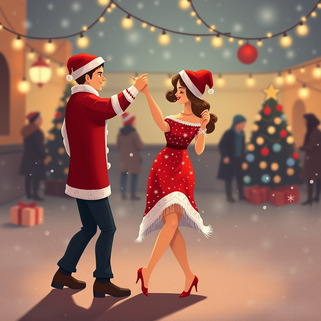 A Couple Animatedly Dancing Salsa in Christmas Attire