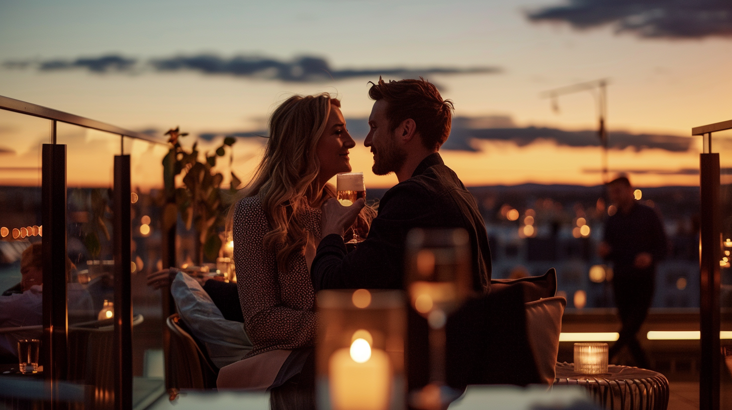 A Couple Enjoying Cocktails at Rooftop Bar at Dusk