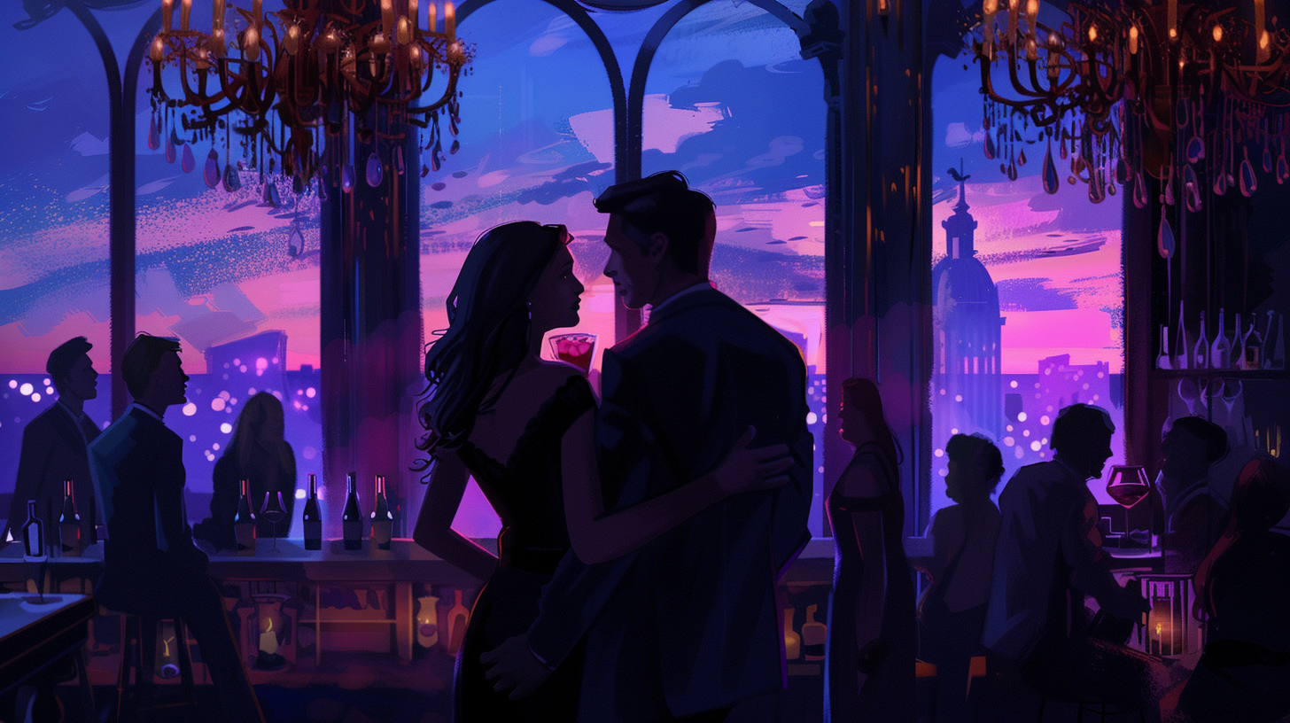 A Couple Enjoying Rooftop Bar with Scenic Dusk